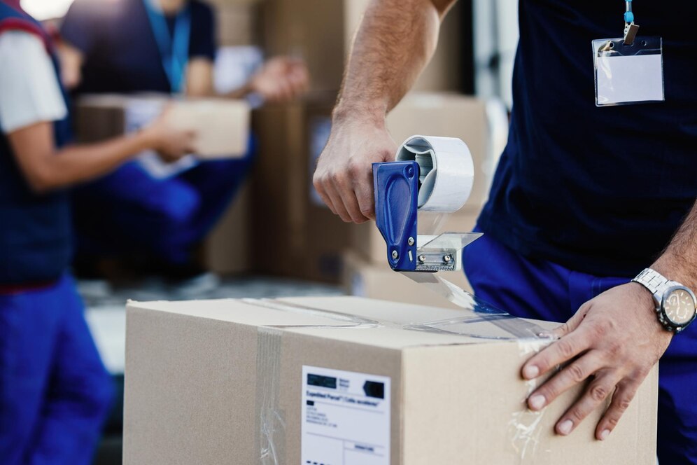 Closeup Delivery Man Closing Carboard Box With Tape While Preparing Packages Shipment 637285 2244